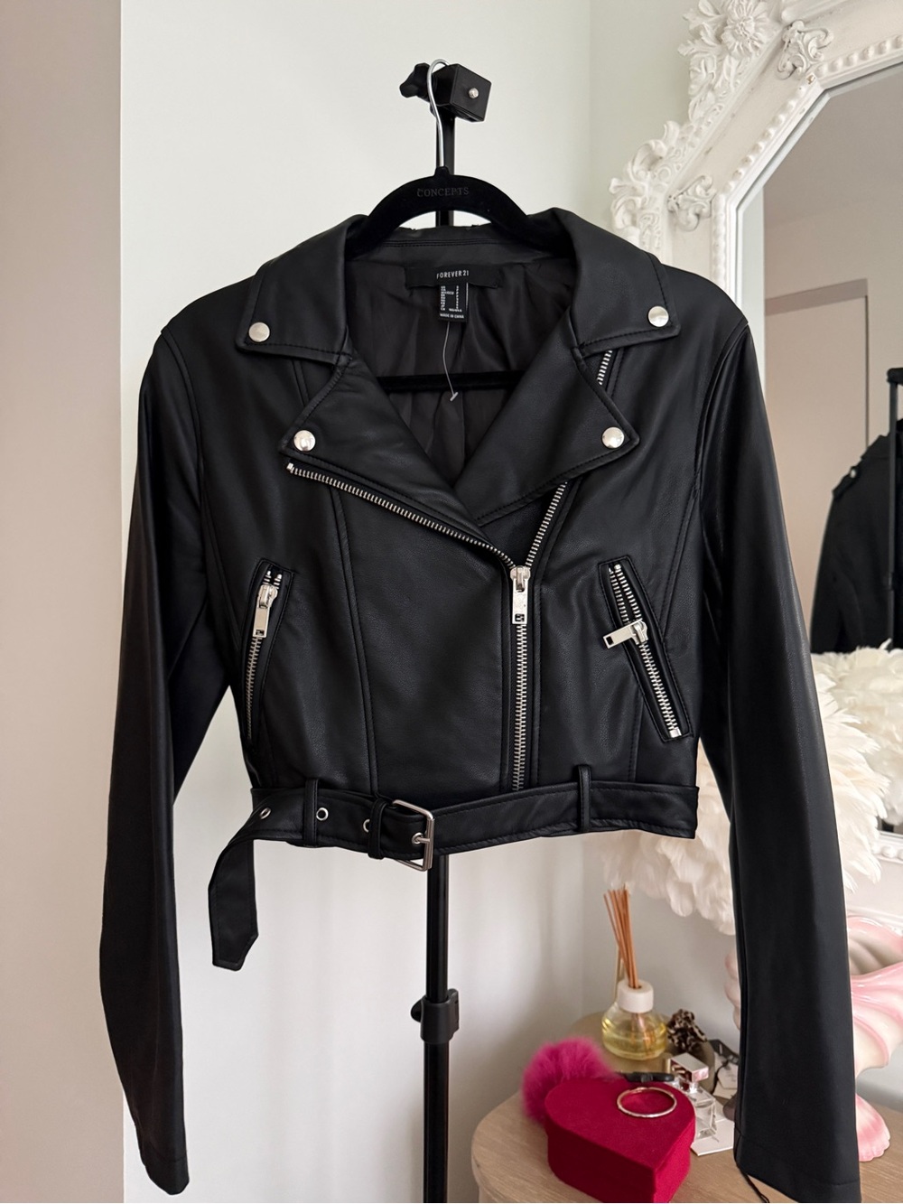 Forever 21 Black Faux Leather Moto Jacket with Belt